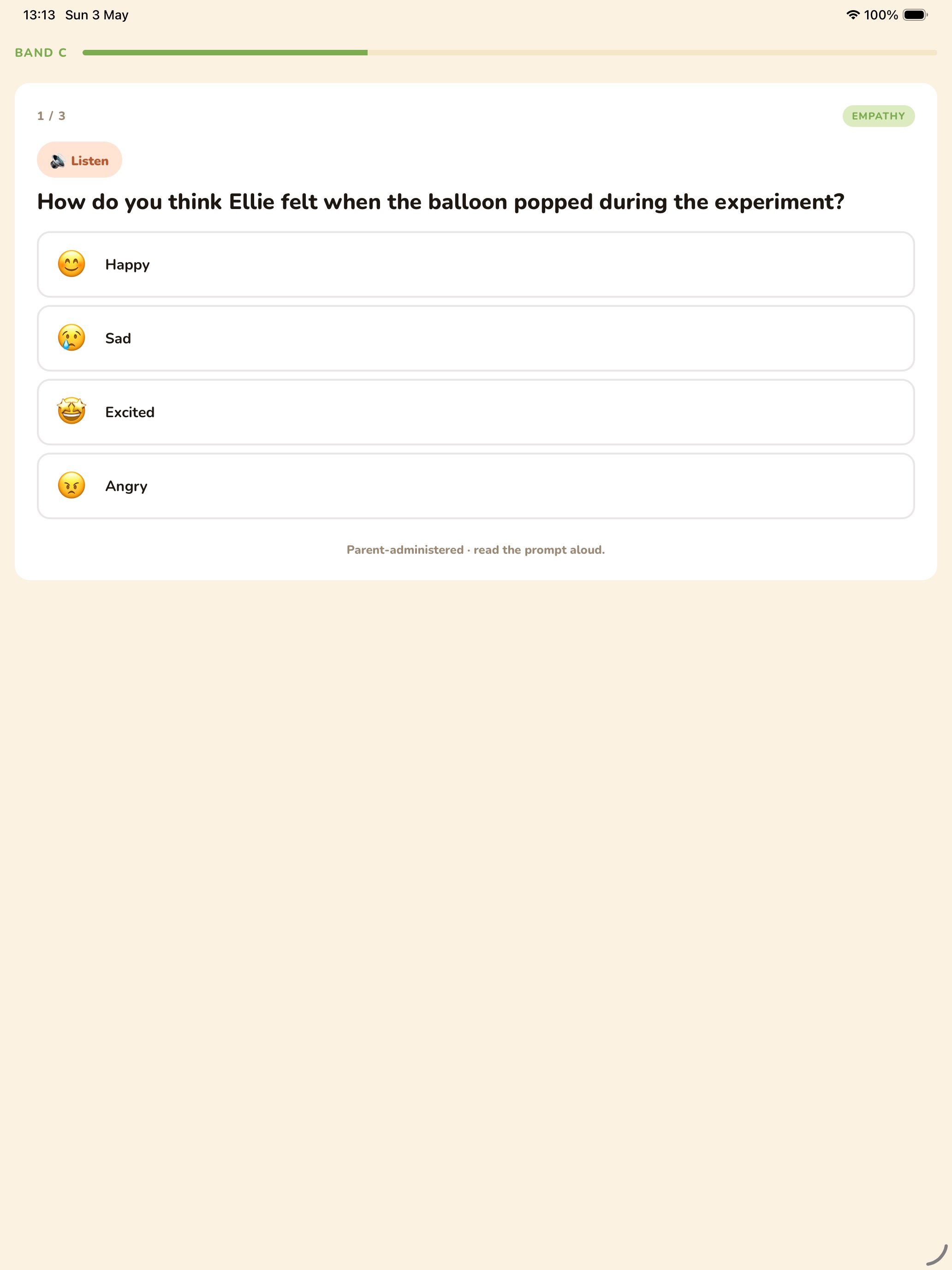 Pre-watch quiz tuned to the child's age band — picture-based question with Listen button and parent-administered note