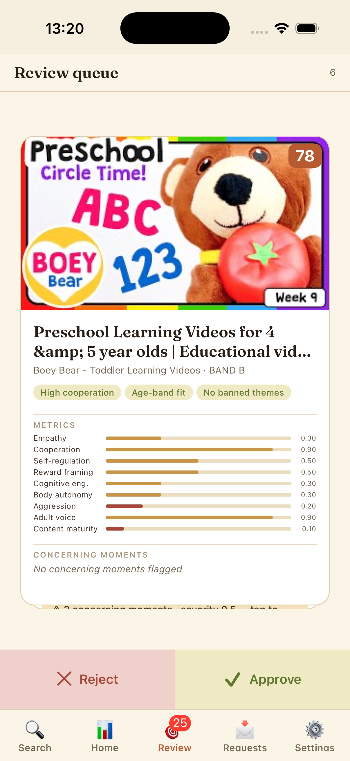 Parent dashboard with Lyra and Theo profiles, week toggle, and pending video review requests with Hide / Approve / Decline buttons
