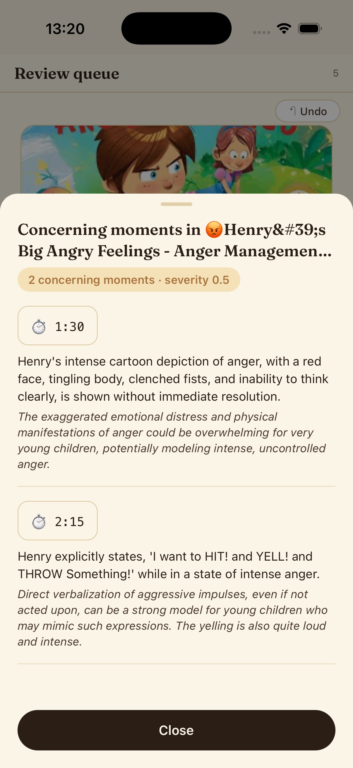 Per-video scorecard with Empathy / Aggression / Cooperation verdicts, Kidoio age-band recommendation, and the notable moments below with timestamps